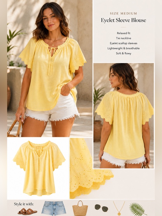 Tops - Yellow Eyelet Sleeve Blouse – Size Medium